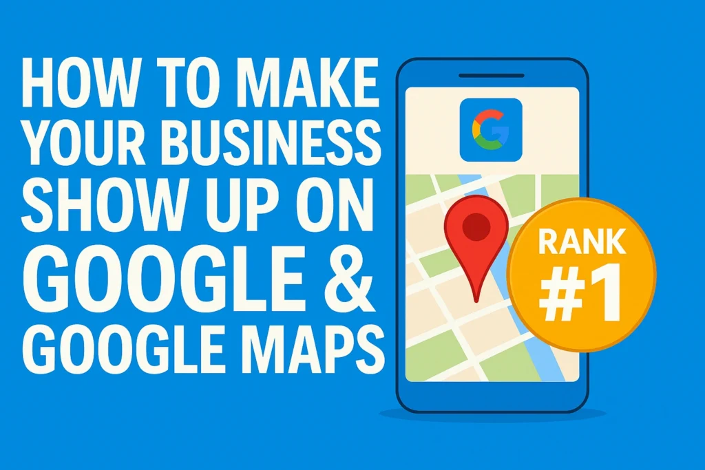 How to Make Your Business Show Up on Google and Google Maps tutorial cover featuring bold text, a Google Maps pin, a mobile phone graphic, and a Rank #1 badge.